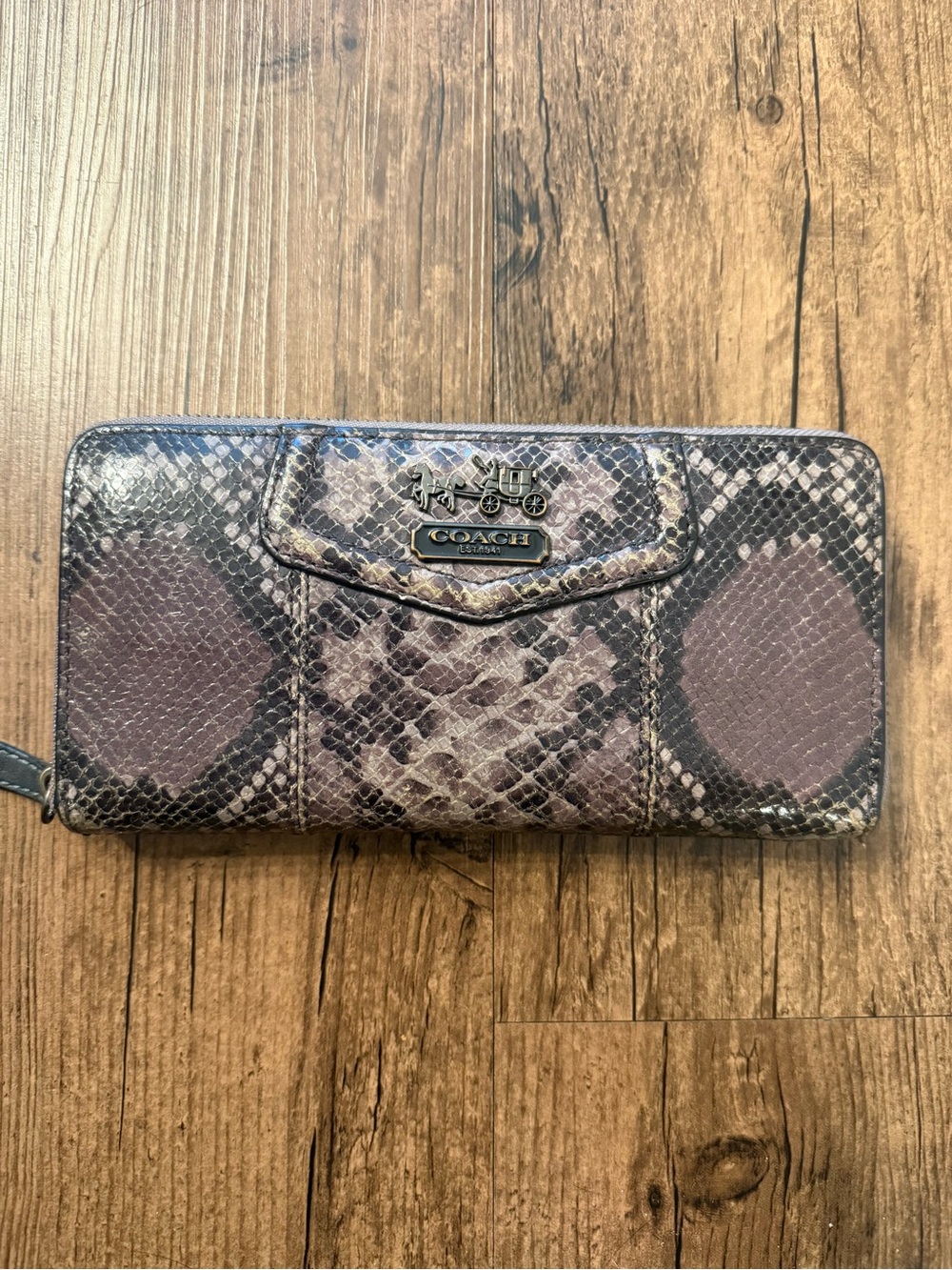 Coach Snake-Print Zip Wallet in Taupe and Black